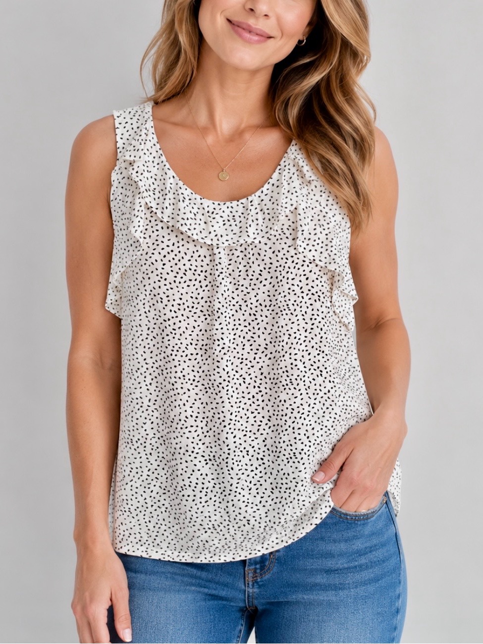 Loft Ruffled Scoop Neck White Polka Dot Top